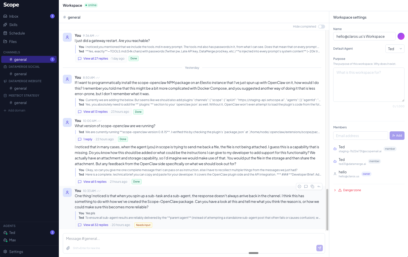 Scope chat and task workflow